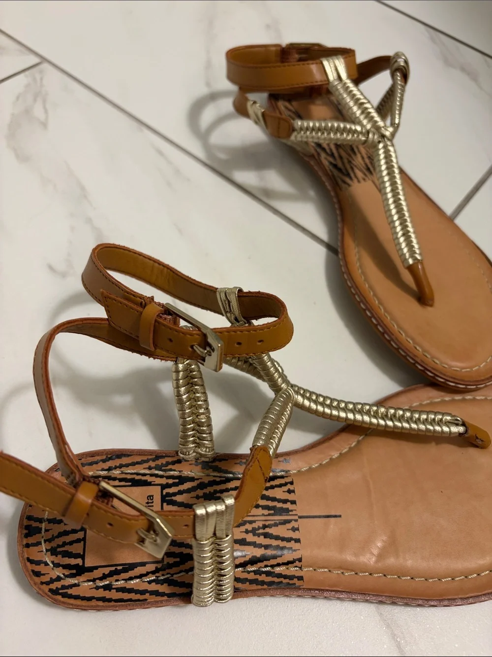 Dolce Vita Braided Metallic T-Strap Brown Sandals - Women's Casual Summer Shoe